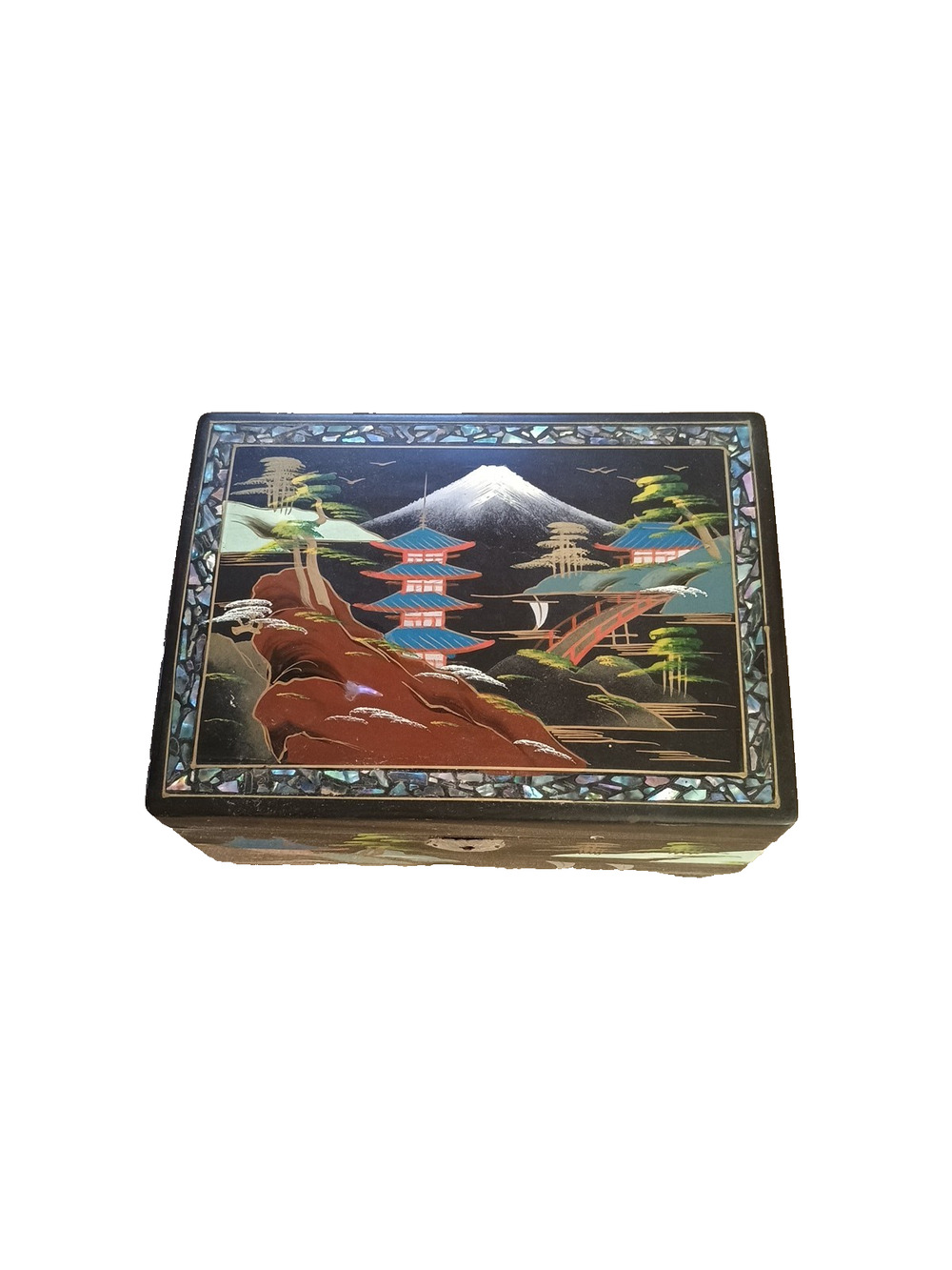 Vtg Brinns Japanese Jewelry Music Box Hand Painted Abalone Shell Inlays Works